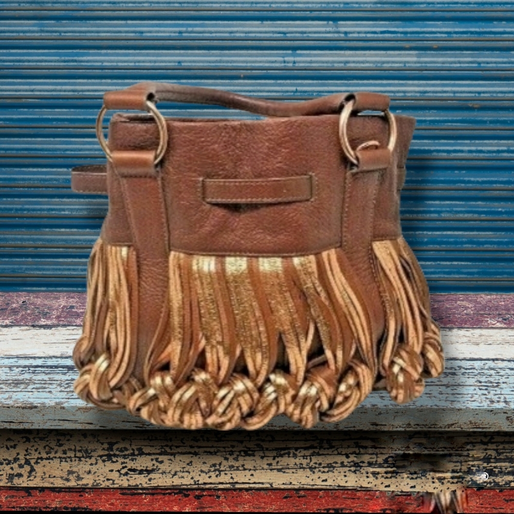 KATHERINE KWEI Kourtney Bucket Bag Copper & Brown Leather Fringe Purse